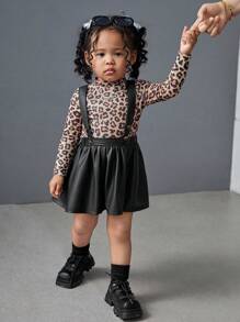 SHEIN Leap Crew Bộ 2 áo thun dài tay co giãn họa tiết da báo cho bé gái và váy có dây đeo, mùa thu - màu đen - Xem 7