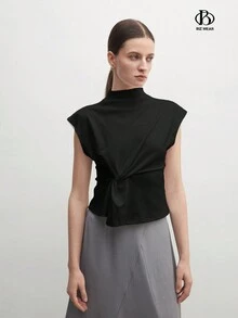 BizChic Women's Elegant Mock Neck Twist Front Sleeveless Top, Teacher T-Shirt, Autumn Tee - Black - View 4