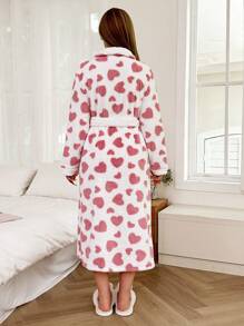 Women's Heart Print Pocket Fleece Robe With Collar, For Fall Winter - White - View 2