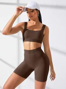 Gameset SHEIN Sport Bộ đồ thể thao màu trơn dành cho nữ / Sọc gân / Đạp xe thể dục / Lưng chữ U sâu / Đồ định hình eo cao / Bộ đồ tập nâng mông dành cho nữ Bộ đồ tập luyện dành cho nữ - Cà phê nâu - Xem 3