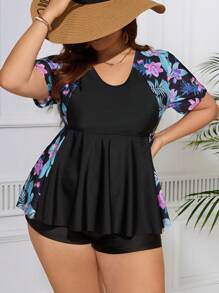 Swim Lushoire Bãi biển mùa hè Plus Size dành cho nữ Áo thun ngắn tay in hình thực vật Raglan và quần bơi vuông hoặc bộ đồ bơi Tankini - Nhiều màu - Xem 5