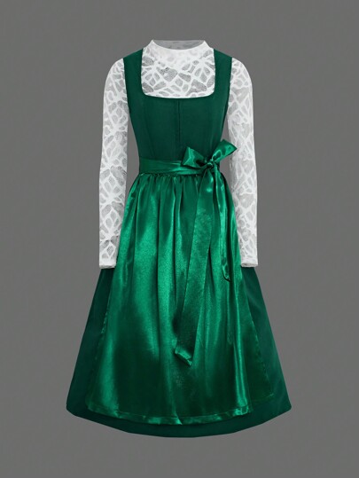 Fairmaia Dames blouse met ronde hals, lange mouwen en kanten top, dirndljurk en afneembaar schort, 3-delige dirndlset, voor Oktoberfest en Halloween