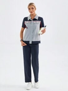 TaskEZ Bộ đồng phục y tá phẫu thuật 2 món áo cánh ngắn tay cài nút màu tương phản và quần dài màu trơn - Nhiều màu - Xem 1
