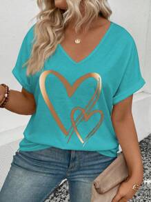 SHEIN LUNE 大码休闲 V 领荷叶边袖口心形印花 T 恤图案 T 恤女式上衣 - 藍色 - 查看 6