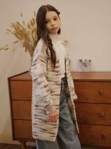 SHEIN Tween 女童厚款混色纽扣开衫毛衣夹克 - 彩色 - 查看 4
