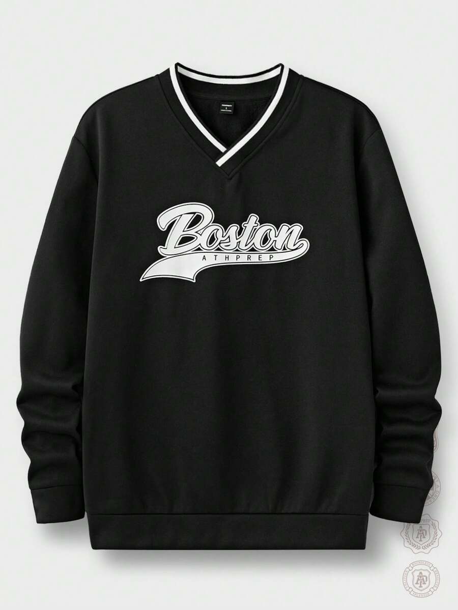 AXEPEAK Sudadera holgada con estampado en inglés para hombre - Negro - Ver 1