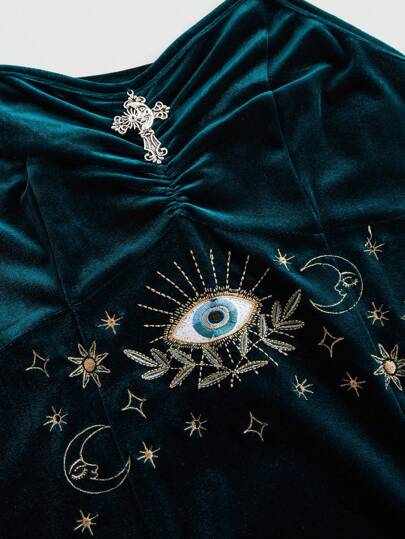 Hippie Vestido largo de terciopelo con bordado de ojo con estilo gótico y caprichoso para Año Nuevo