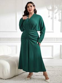 Modelyn Plus Size Women's V-Neck Long Batwing Sleeve Ruched Fishtail Hem Elegant Dress, Spring And Summer - Green - View 3
