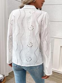 SHEIN LUNE Women's Spring Summer Embroidered Roll-Up Sleeve Elegant Blouse For Commuting