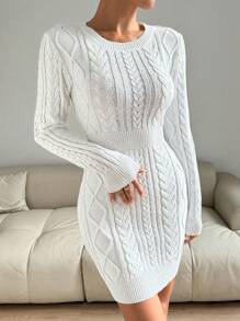 SHEIN LUNE 修身扭紋長袖毛衣連衣裙 - 白色 - 查看 3