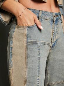 WESTFADE Premium 99% Cotton Denim Mid Rise Patchwork Y2K Wide Leg Jeans - Light Wash - View 12