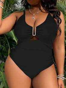 Swim Vcay Plus Size U Neck Hollowed Back Pleat One-Piece Swimsuit Summer - Black - View 4
