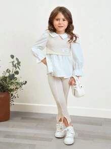 SHEIN 年輕女孩字母拼貼喇叭袖 2 合 1 上衣和褲子 - 杏色 - 查看 5