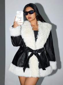 SHEIN ICON Plus Contrast Fleece-Trimmed Drawstring PU Leather Jacket - Black and White - View 1
