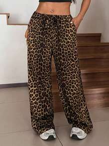 SHEIN EZwear Plus Size Women Fashionable Leopard Printed Wide Leg Pants - Multicolor - View 1