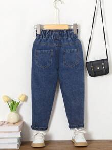 Young Girl Casual Simple Button Waist Soft Comfortable Denim Effect Spring Autumn Long Pants - Medium Wash - View 2