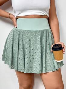 SHEIN Privé Plus Size Summer Elegant Casual Athletic Hollow-Out Textured Skort With Pockets, Green - Army Green - View 5
