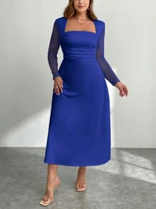 SHEIN Privé 大码女式蓝色 A 字形露背长袖修身连衣裙，褶皱侧开衩连衣裙，秋季/返校季