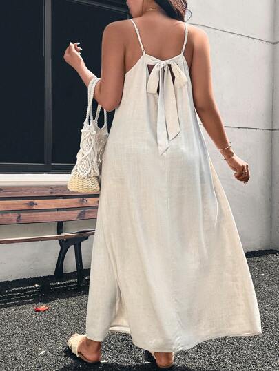 SHEIN Frenchy 大码女式夏季纯色褶皱长款休闲吊带裙