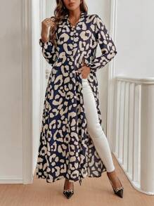 SHEIN LUNE Áo sơ mi dài in họa tiết thanh lịch thời trang nữ - Màu xanh lam - Xem 3