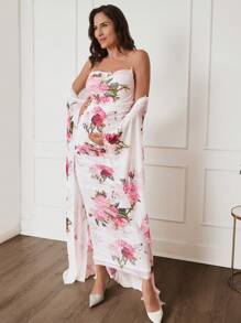 SHEIN Bộ 2 váy dự tiệc cưới cho bà bầu, váy quấn hoa hồng & váy trắng bó sát, dành cho phụ nữ mang thai - Hồng - Xem 4