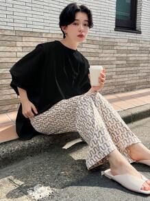 FRIFUL 女士圆领短袖纯色休闲宽松舒适时尚 T 恤 - 黑色 - 查看 2