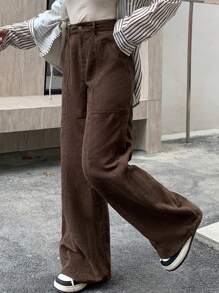 FRIFUL 女士纯色口袋宽松直筒休闲裤 - 咖啡棕 - 查看 4