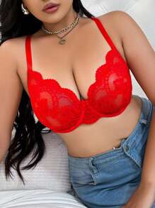1pc Plus Size Contrast Lace Underwired Bra, Lingerie - Red - View 3