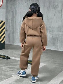 SHEIN 青少年女孩休闲街头时尚纯色连帽运动衫运动衫配吊带背心和抽绳裤母女套装（2 套单独出售），羊毛，加厚 - 棕色 - 查看 8