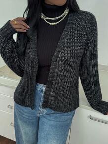 SHEIN Essnce 2024 Fall New Dark-Color Short Knitted Cardigan, Black Sweater,Fall Sweaters,Fall Clothes - Dark Grey - View 5