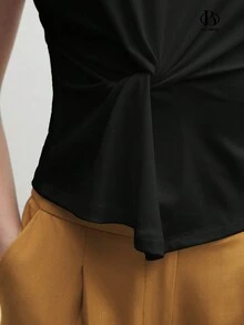 BizChic Women's Elegant Mock Neck Twist Front Sleeveless Top, Teacher T-Shirt, Autumn Tee - Black - View 8