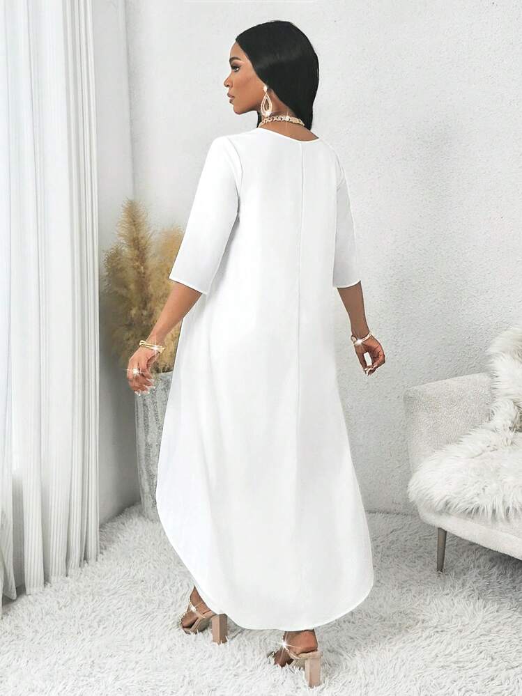 SHEIN Lady Blusa y pantalones elegantes de talla grande con cuello redondo, fluidos, asimétricos y de manga tres cuartos, en colores blanco, para primavera, verano, otoño e invierno - Blanco - Añade 2