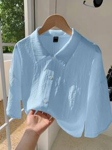 Comfortcana Plus Size Women's Casual Solid Color Short Shirt For Summer - Blue - View 1