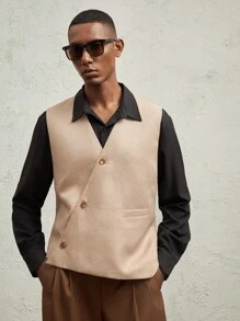 AKNOTIC Business Casual Men's Loose Fit Plaid Casual Open Front Waistcoat Vest, Apricot V-Neck, With Adjustable Waist Belt, For Fall Winter - Apricot - View 3
