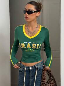 StreetHx 街头风格女式 V 领撞色巴西印花长袖休闲 T 恤图案 T 恤女式上衣，适合春季服装