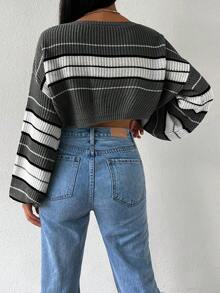 SHEIN Unity 女式超大圆领条纹落肩长袖短款毛衣，秋冬 - 灰色 - 查看 2