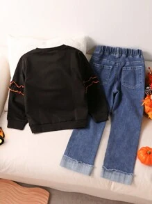 Moletom feminino com estampa de Halloween + calça jeans rasgada bordada