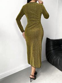 Chiquease 优雅迷人皱褶长袖连衣裙 - 金色 - 查看 2