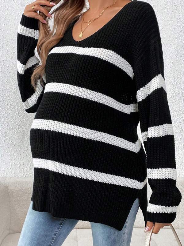 SHEIN Maternity Colorblock Striped Casual Long Sleeve Sweater, For Winter