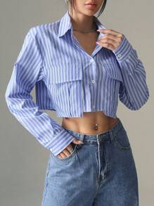 SHEIN EZwear 女式春夏条纹长袖实用口袋短款休闲衬衫 - 藍色 - 查看 5