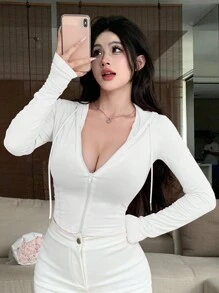 DAZY 1 pieza Chaqueta con capucha y cremallera de unicolor para mujer - Blanco - Ver 3