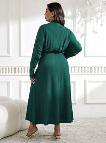 Modelyn Plus Size Women's V-Neck Long Batwing Sleeve Ruched Fishtail Hem Elegant Dress, Spring And Summer - Green - View 4