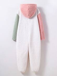 Bộ đồ ngủ liền quần vải nỉ cho bé gái tuổi mới lớn, bộ đồ ngủ dài có mũ trùm đầu màu chắp vá, đồ ngủ mùa đông ấm áp - Nhiều màu - Xem 2