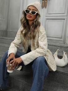 GENKIRA Ins Street Style Fashion Đa năng Cổ bẻ Thiết kế cài hai hàng khuy Thắt lưng rộng Họa tiết hình thoi Áo khoác đệm dài tay dài vừa vặn Quần áo mùa đông - Màu be - Xem 6