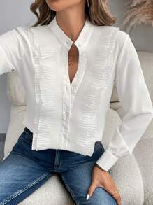 SHEIN LUNE Women's Solid Color Ruffled Long Sleeve Blouse - White - View 3
