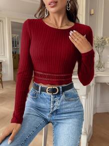 SHEIN Frenchy 纯色蕾丝边短款圆领粒纹面料T恤