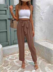 SHEIN Frenchy Calças Largas Sólidas e Soltas de Verão Simples e da Moda para Mulheres - Café - Visão 4