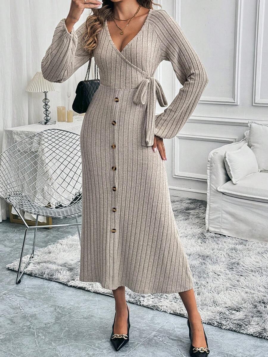 Chiquease Vestido de mujer unicolor con cordones - Caqui - Ver 1