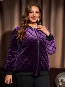 EMERY ROSE Áo khoác nhung kẻ cho nữ cỡ lớn có khóa kéo kim cương chần bông có đệm, Quần áo mùa thu cho nữ, Quần áo mùa đông cho nữ - Màu tím  Violet - Xem 4