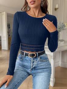 SHEIN Frenchy Women Fall Winter  Black Lace Patchwork Tight Fitted Textured Fabric T-Shirt Casual Blue Spring - Royal Blue - View 5